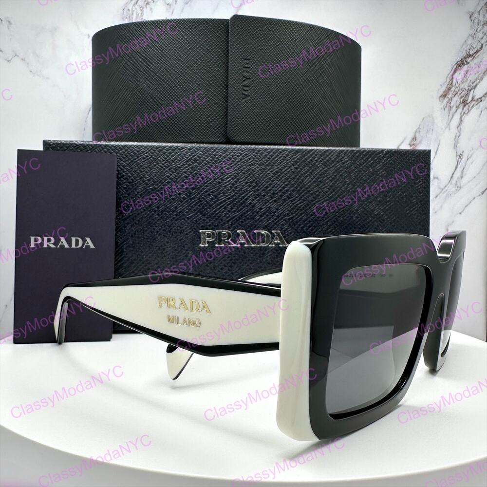 New PRADA Sunglasses Black White Talc Gold Symbole Logo Womens Rectangle